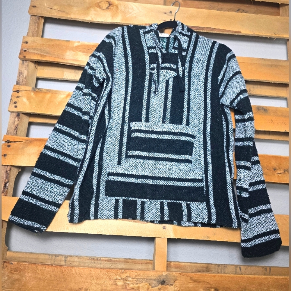 Vel Mex Mexican Baja Hoodie Pullover Sweater Size:L Color:Dark Green/Gray White